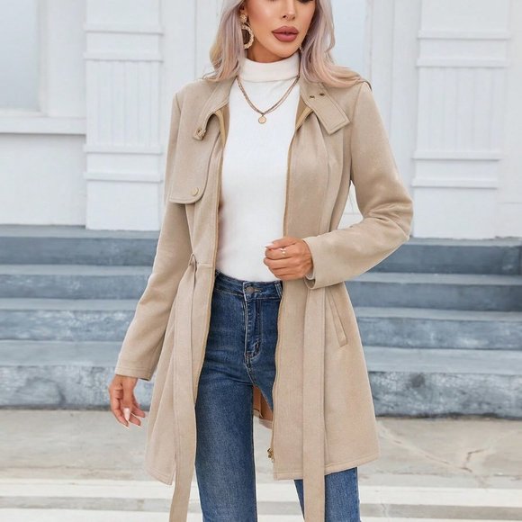 . Jackets & Blazers - Khaki Preppy Womens Zip Up Belted Coat